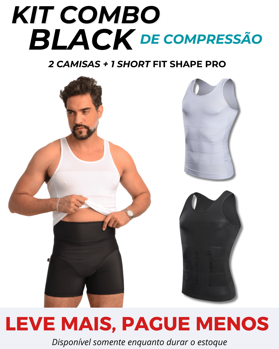 Kit Combo Black 2 Camisas + 1 Short Fit Shape Pro®